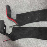Louboutin-style red bottom shoes cl red bottom shoes knitting socks high heels women's satin square toe bows wear sleeve banquet high heels