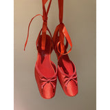 Louboutin-style red bottom shoes clretroeleganceniche stylebows ballet shoes rhinestone silk flatsflats women's hot style ribbon sandals