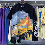 Godspeed t Shirts Los Angeles Hollywood Hills Fire Print Cotton Casual Short Sleeve Men and Women