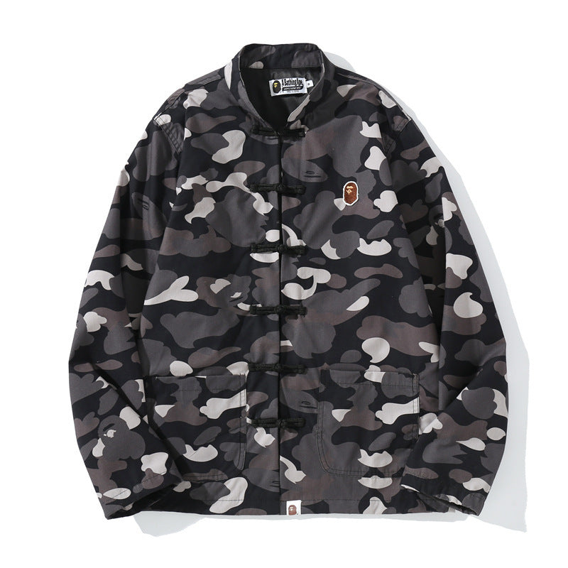Shark Print Jacket Spring Fashion Brand Embroidered Chinese Style Retro Camouflage Stand Collar Tangzhuang Shirt