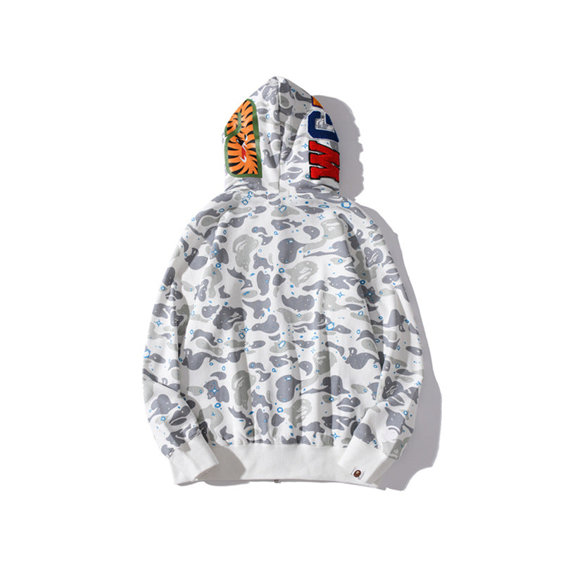Shark Print Jacket Shark Head Luminous Starry Sky Double Hood Sweater Men And Women Zipper Fleece Padded Coat