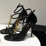 Louboutin-style red bottom shoes spring beautiful super high heel metal small square toe sandals sexy stiletto heel back empty french iron toe flats