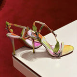 Louboutin-style red bottom shoes colorful smudged rhinestone flowers thin strap high heels open toe sandals high heels stiletto round toe cl