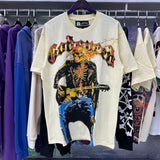 Godspeed T Shirts Guitar Skull Denim Print Casual Crew Neck Short Sleeve Men and Women