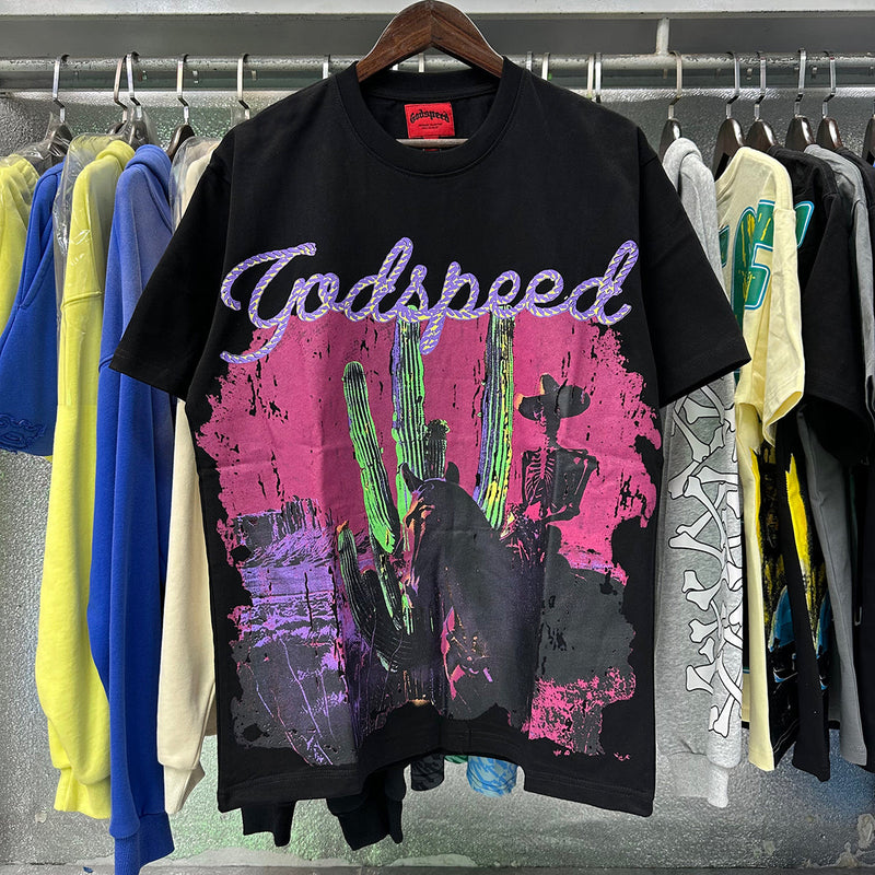 Godspeed T Shirts Western Skull Denim Cactus Print Cotton Casual Short Sleeve Men and Women