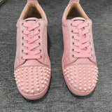 Louboutin-style red bottom shoes are specially designed for pink red bottom shoes couple style low anklecl suede sneakers spikes and rivets trendy shoes
