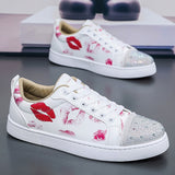 Louboutin-style red bottom shoes mencl lip print kiss mark red bottom casual shoes spiritual social hot diamond sneakers fashiontrendy men's white shoes nightclub