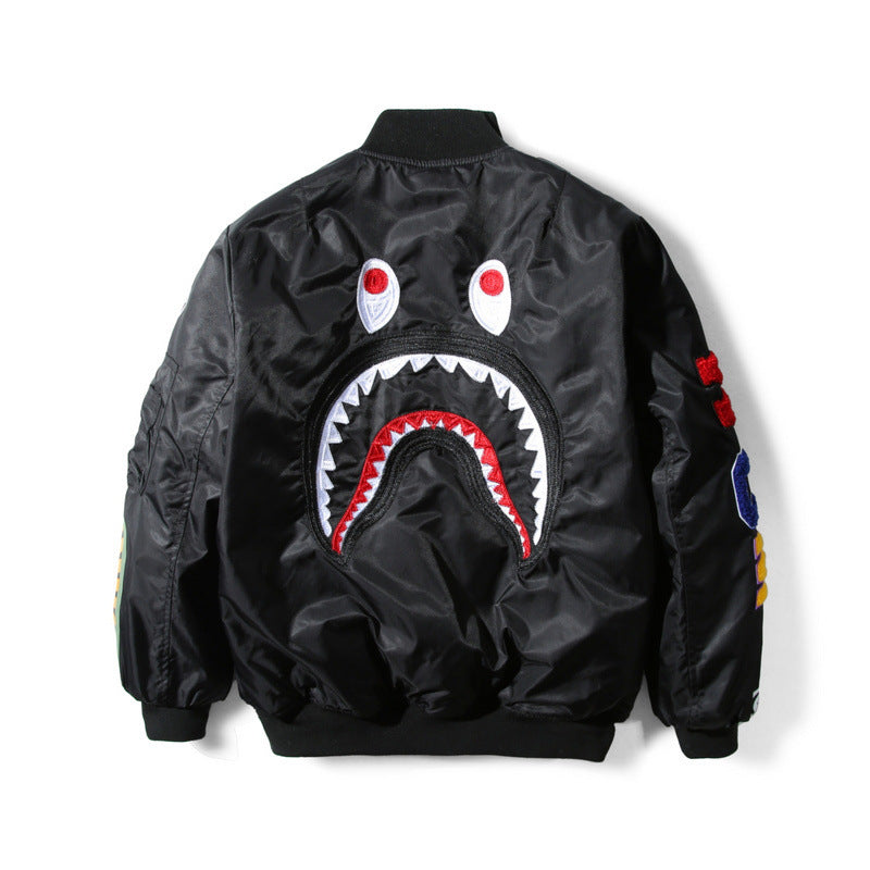 Shark Print Coat Winter Thickened Youth Casual Black Stand-Up Collar Zipper Loose Double-Sided Cotton-Padded Jacket