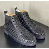 Louboutin-style red bottom shoes european station rivets cl red bottom shoes black velvet nails suede high-top hot diamond shoes fashiontrendyeasiest for match sneakers pure original