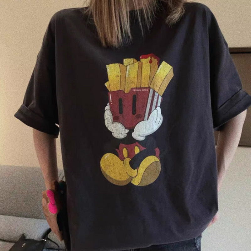 Men Vintage T-Shirts Vintage Mickey Fries Cartoon Washed Old Loose Short Sleeves