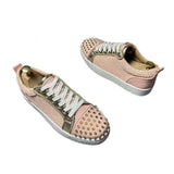 Louboutin-style red bottom shoes, pink gold-rimmed studded sneakers for men, cl red sole casual shoes, low-top lace-up trendy versatile athletic shoes
