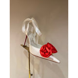 Louboutin-style red bottom shoes silk flower pointed toe cl stiletto women's shoes elegantslimming look frenchsexy beautiful ribbon fashion flats
