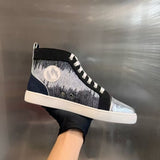 Louboutin-style red bottom shoes guangdong wintercl red bottom rivets high-top sneakers tie back round toe cow suede casual shoes