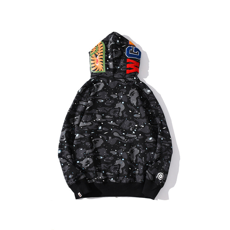 Shark Print Jacket Shark Head Luminous Starry Sky Double Hood Sweater Men And Women Zipper Fleece Padded Coat
