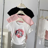 Vintage Y2g Shirts Drawstring Slim Waist Short Sleeve T-shirt for Women