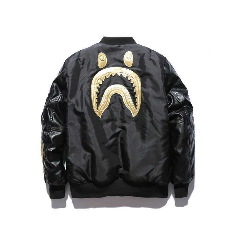 Shark Print Jacket Black Gold Embroidered Leather Jacket Baseball Uniform Autumn And Winter Thickening Cotton-Padded Coat Men'S Clothing