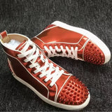 Louboutin-style red bottom shoes guangdong wintercl red bottom rivets high-top sneakers tie back round toe cow suede casual shoes