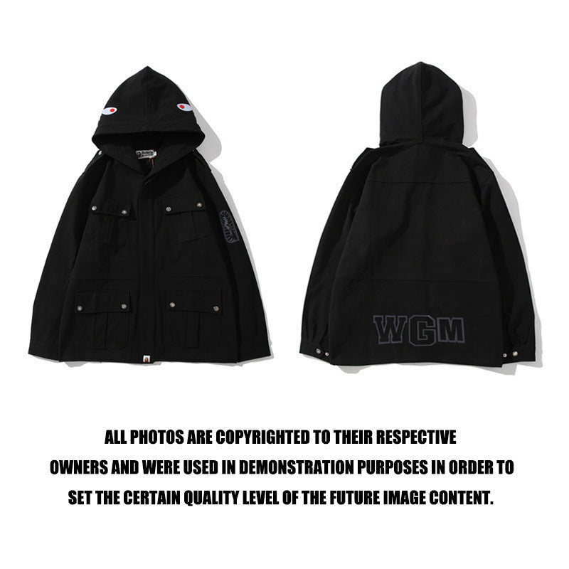 Shark Print Hoodie Spring Autumn Men'S Solid Color Shark Head Coat Jacket