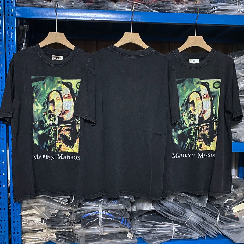 Marilyn Manson T Shirt Printed Short Sleeve Retro Distressed Loose Men's and Women's T-shirt