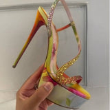 Louboutin-style red bottom shoes cl red bottom high heels fish mouth watercolor smudged ultra-high heel sandals women's stiletto waterproof platform with diamonds