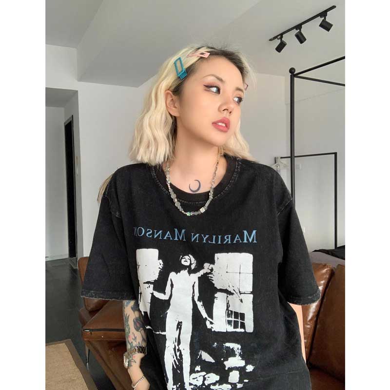 Marilyn Manson T Shirt Vintage Retro Fallen Angel Short Sleeve Summer Loose Fog