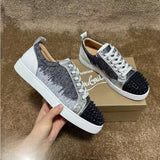 Louboutin-style red bottom shoes european station cl electric embroidered red bottom men's shoes black embroiderlow ankle studded men's shoes flatscasual shoes crescent shoes