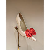 Louboutin-style red bottom shoes silk flower pointed toe cl stiletto women's shoes elegantslimming look frenchsexy beautiful ribbon fashion flats