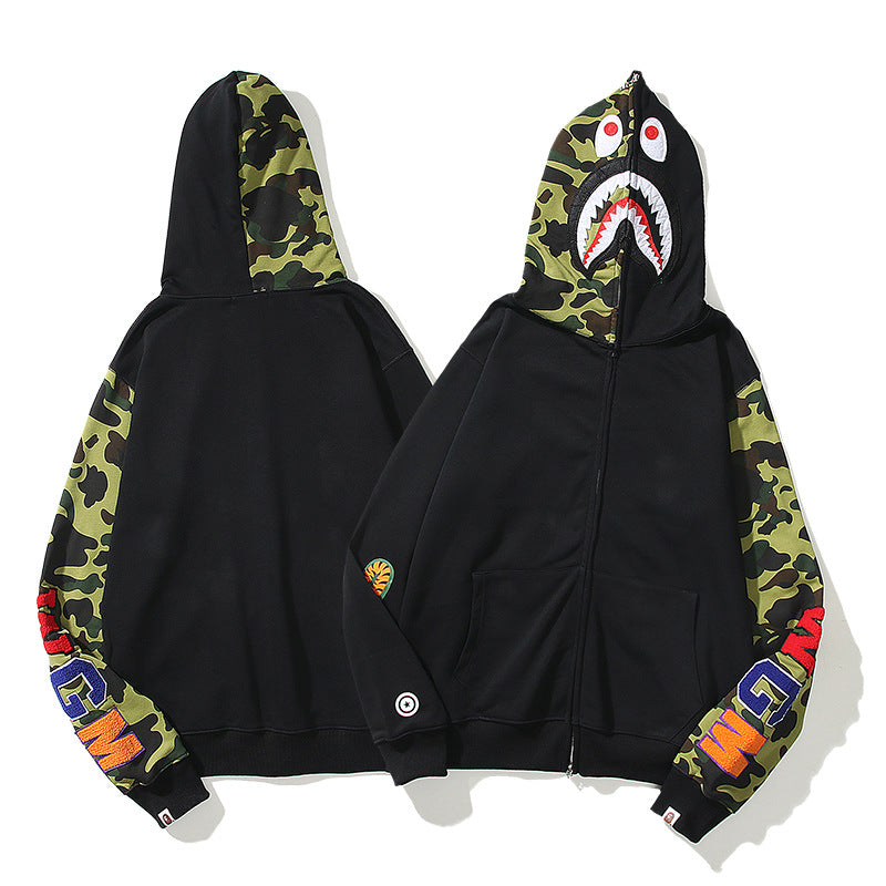 Shark Print Hoodie Spring And Autumn Cardigan Zipper Hooded Casual Plus Size Loose Sweater Coat