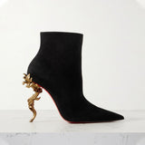 Louboutin-style red bottom shoes clexport special for show special-shaped heels women's high-heeled suede short boots pointed toe nude boots fashion boots