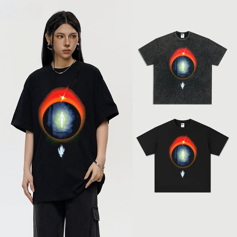 Vintage T-shirts Street Print Loose Front Shoulder Short Sleeve T-Shirt