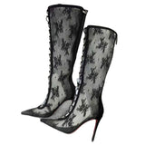 Louboutin-style red bottom shoes clsexy mesh pointed toe cut out long women's boots stiletto black elegance hot diamond sexy strap lace pattern