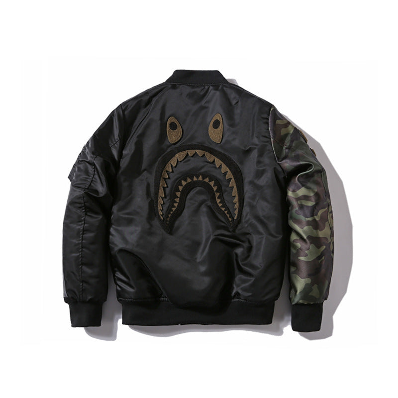 Shark Print Coat Autumn And Winter Fashion Brand Camouflage Sleeve Thickened Men'S Casual Cotton-Padded Clothes Coat