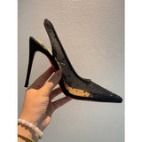 Louboutin-style red bottom shoes cl red bottom flats net diamond back hollow thin heel women's high heels pointed toe wedding shoes cm.cm.cm red bottom