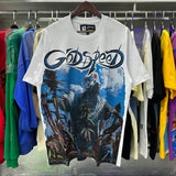 Godspeed T Shirts Blue Sky White Clouds Poppy Skull Planting Printing Cotton Casual Short Sleeves Men and Women