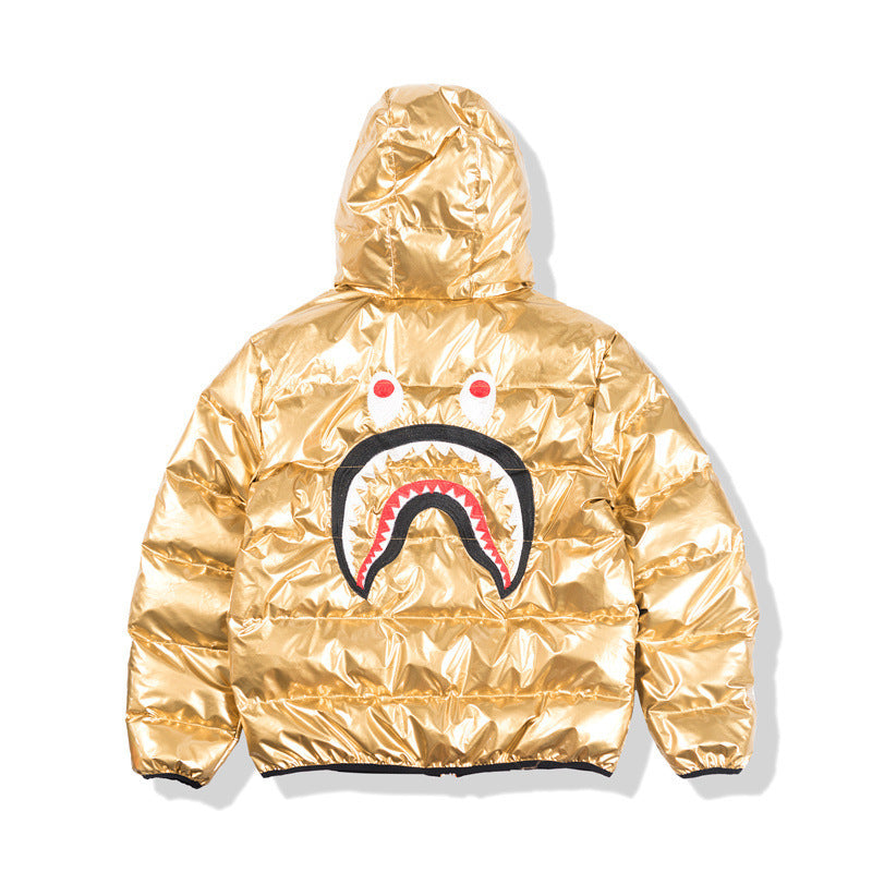 Shark Print Coat Shark Head Thickened Youth Casual Loose Yellow Cotton-Padded Jacket