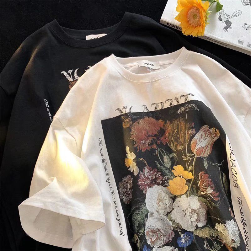 Caravaggio T-Shirts Flower Oil Painting Short Sleeve Men and Women Street Loose plus Size