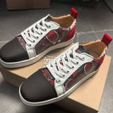 Louboutin-style red bottom shoes export red bottom shoes snake pattern patchworklow ankle sneakers women's red black and white contrast color genuine leather casual shoes men's easiest for match