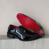 Louboutin-style red bottom shoes wang junkai cl red bottom shoes men's formal derby shoes tie back glossy business leather shoes groom wedding shoes