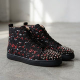 Louboutin-style red bottom shoes cl high-top men's shoes spring red and white splash ink punk studded shoes men's high-top sneakers trendy