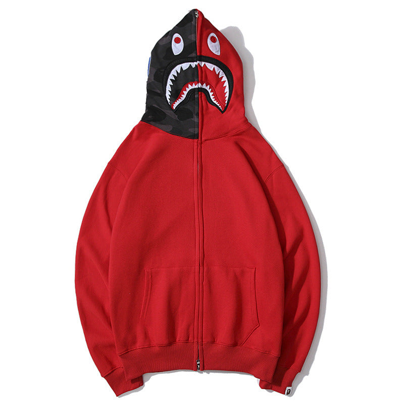 Shark Print Hoodie Shark Embroidery Camouflage Stitching Hat Zipper Fleece Padded Coat Teen Student