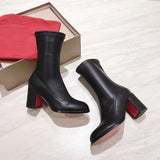 Louboutin-style red bottom shoes studded short boots red bottom cl thick heel short boots small round toe ankle boots popular foreign style fashion boots boots
