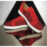 Louboutin-style red bottom shoes european cl style gridsmen's shoes cowhide rivets hot diamond low-top red bottom shoes couple sneakers casualeasiest for match