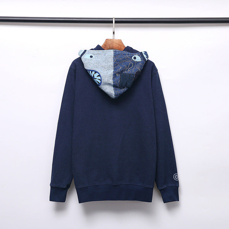 Shark Print Hoodie Autumn Men'S Shark Head Denim Zipper Sweater Coat