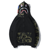 Shark Print Hoodie Stitching Sleeves Patchwork Pocket Zipper Velvet Sweater Coat Men