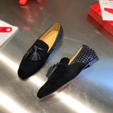 Louboutin-style red bottom shoes clautum rivets shiny tassel pointed leather shoes british style formal casual shoes plus size loafers men's shoes