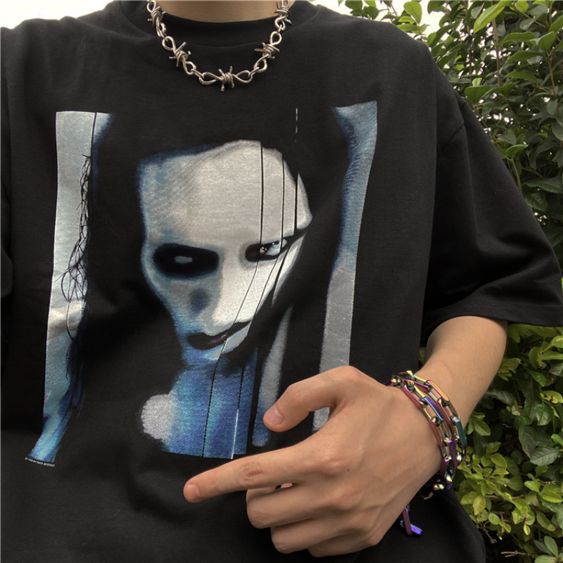 Marilyn Manson T Shirt Short Sleeve Vintage Distressed Loose round Neck T-shirt