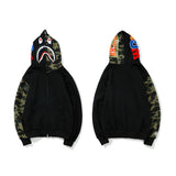 Shark Print Hoodie Printed Head Embroidered Green Camouflage Stitching Zipper Sweater Coat Men'S Hip Hop