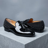 Louboutin-style red bottom shoes clautum rivets shiny tassel pointed leather shoes british style formal casual shoes plus size loafers men's shoes