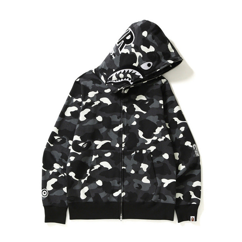 Shark Print Hoodie Men And Women Plus Size Loose Hoodie Coat