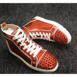 Louboutin-style red bottom shoes guangdong wintercl red bottom rivets high-top sneakers tie back round toe cow suede casual shoes